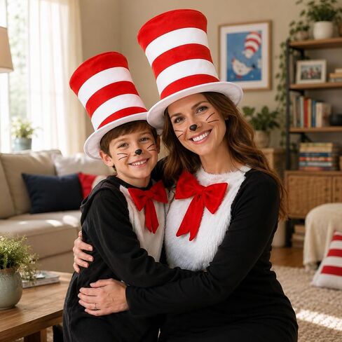 4 Pcs Cat Costume with Red and White Stovepipe Hat Big Bow Tie Gloves Tail Fit Halloween World Book Day Cosplay Party Costume Accessories in Kuwait