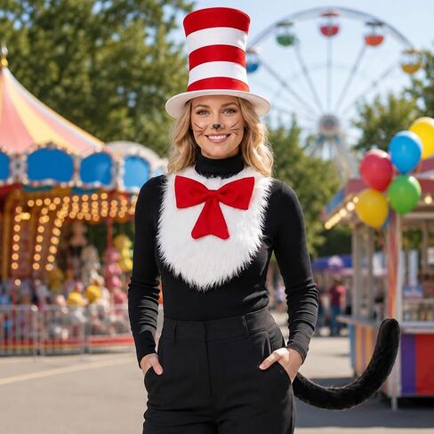 4 Pcs Cat Costume with Red and White Stovepipe Hat Big Bow Tie Gloves Tail Fit Halloween World Book Day Cosplay Party Costume Accessories in Kuwait