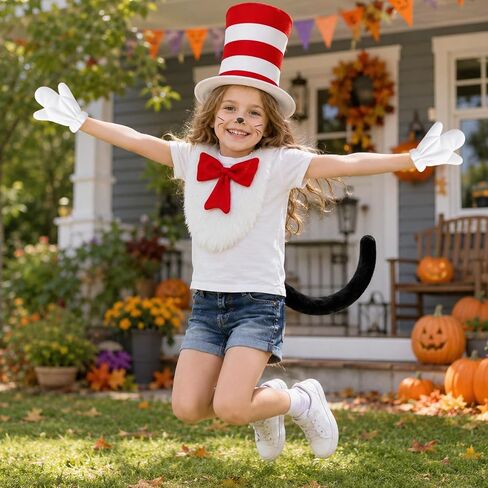 4 Pcs Cat Costume with Red and White Stovepipe Hat Big Bow Tie Gloves Tail Fit Halloween World Book Day Cosplay Party Costume Accessories in Kuwait