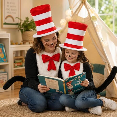 4 Pcs Cat Costume with Red and White Stovepipe Hat Big Bow Tie Gloves Tail Fit Halloween World Book Day Cosplay Party Costume Accessories in Kuwait