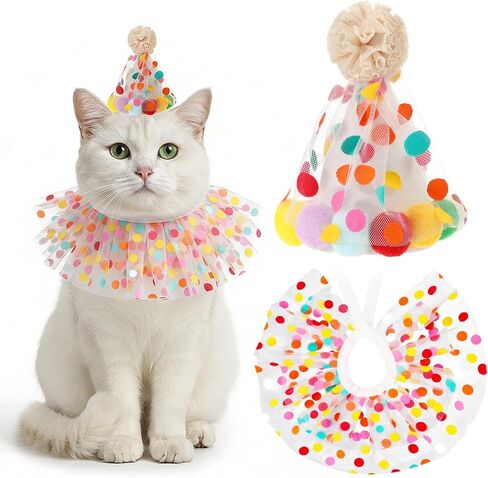 Cat Birthday Hat and Bandana, Cute Cat Party Costume Outfit Small Cats Kitten Party Hat Lace Bib Scarf for Birthday Celebrations Photograph in Kuwait