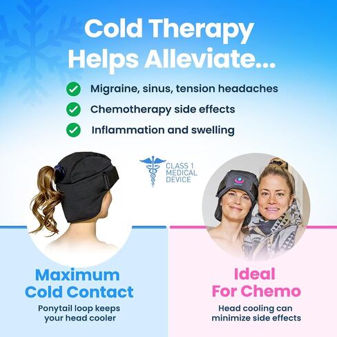(2-Hour Cooling) Extra Strength Cold Cap, Adjustable Compression, Swappable Gel Packs. Class 1 Medical Device for Migraine, Scalp, Concussion Relief, Chemo. Comfortable Sizes & Machine Washable in Kuwait