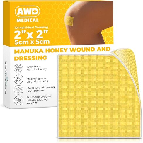 AWD Manuka Honey Gauze Dressing - 100% Impregnated Medical Grade Honey Patches - Medical Supplies, Wound Care, and First Aid - Gauze Pads 10 Count (2"x2") in Kuwait