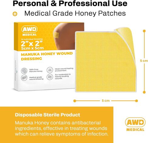 AWD Manuka Honey Gauze Dressing - 100% Impregnated Medical Grade Honey Patches - Medical Supplies, Wound Care, and First Aid - Gauze Pads 10 Count (2"x2") in Kuwait