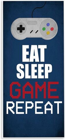 Stupell Industries Eat Sleep Game Repeat Pixel Typography Vintage Controller, Designed by Kim Allen Wall Plaque, 7 x 17, Blue in Saudi Arabia