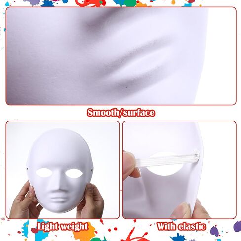 50 Pack DIY Full Face Masks Blank White Mask for Painting 2 Sizes Paper Mache Masquerade Mask for Halloween Mardi Gras Party Art Supplies in Kuwait