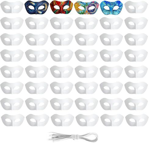48pcs Paper Mache Mask Blank Half Face White Mask DIY Craft for Mardi Gras Halloween Cosplay Party, 4x7.5 Inches with Elastic String in Kuwait
