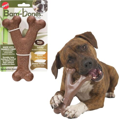 SPOT Bam-Bones Wishbone Dog Chew Toy, Bamboo Fiber Blend, Non-Splintering Durable Chew for Light to Moderate Chewers, Adult Dogs & Teething Puppies 10–30 lbs, Bacon Flavor, 5.25 in in Saudi Arabia