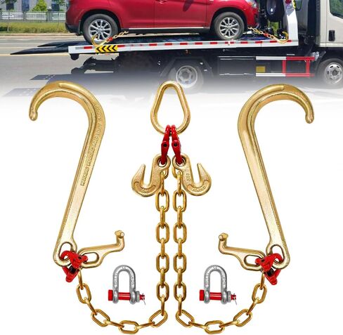 SENKEYFE V Bridle Tow Chain G80-5/16 × 2 Ft Bridle Transport Chain with 15 in J Hooks and Grab Hooks 7100 Lbs Working Load Limit Towing Chain Bridle with T-J Hook Car Trailer Accessories for Rollback in Kuwait