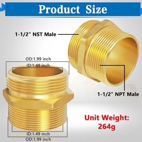 Fire Equipment Hexagonal Nipple Fitting Brass Fire Hose Adapter 1-1/2" NPT Male x 1-1/2" NST (NH) Male,Double Male Fire Hose Hydrant Adapter for Fire Hydrants,Hoses (1-1/2" NPTx 1-1/2" NST (NH)) in Kuwait
