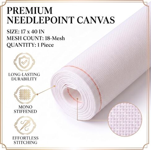 Mono Deluxe Needlepoint Canvas, 17" x 40", 100% Cotton Rolled Blank Cross Stitch Fabric, Rolled for No Crease, 18 Mesh, White in Kuwait