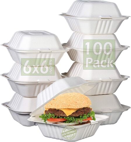 Green Earth 9-Inch, 200-Count, 1-Compartment, Compostable Clamshell, Natural Bagasse (Sugarcane Fiber), Take-Out/to-Go Food Boxes - Biodegradable Containers, Hinged Lid Microwave-Safe Gluten-Free in Kuwait