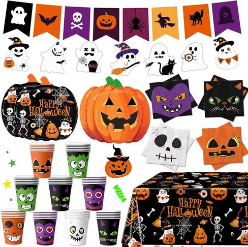 Halloween Party Supplies Kit Includes Pumpkin Shaped Disposable Plates, Napkins, Cups, Banner, Tablecloth for Halloween Birthday Baby Shower Decorations, Serves 24 in Kuwait