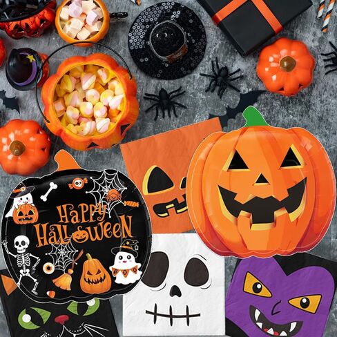 Halloween Party Supplies Kit Includes Pumpkin Shaped Disposable Plates, Napkins, Cups, Banner, Tablecloth for Halloween Birthday Baby Shower Decorations, Serves 24 in Kuwait