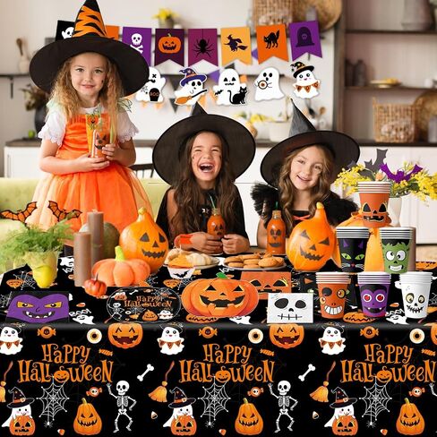 Halloween Party Supplies Kit Includes Pumpkin Shaped Disposable Plates, Napkins, Cups, Banner, Tablecloth for Halloween Birthday Baby Shower Decorations, Serves 24 in Kuwait