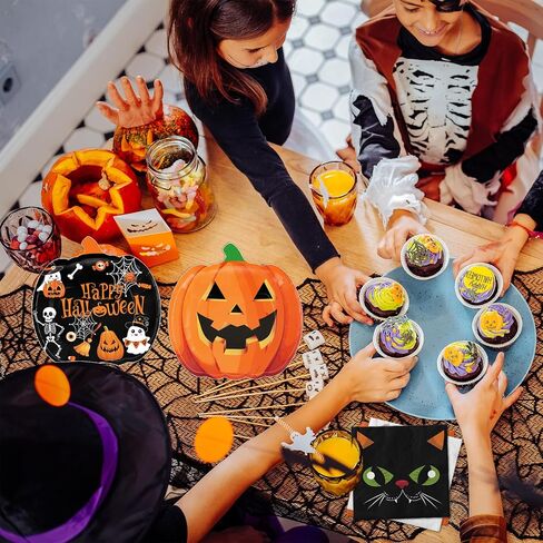 Halloween Party Supplies Kit Includes Pumpkin Shaped Disposable Plates, Napkins, Cups, Banner, Tablecloth for Halloween Birthday Baby Shower Decorations, Serves 24 in Kuwait