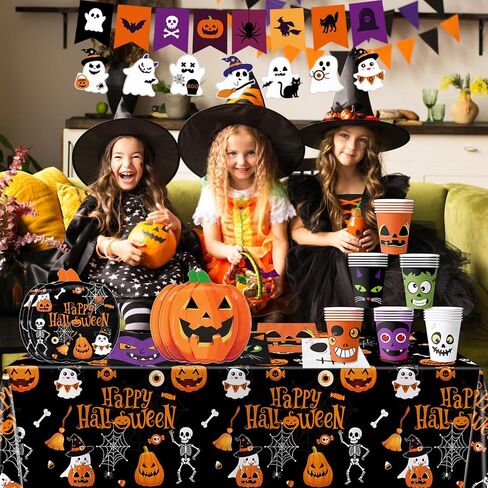 Halloween Party Supplies Kit Includes Pumpkin Shaped Disposable Plates, Napkins, Cups, Banner, Tablecloth for Halloween Birthday Baby Shower Decorations, Serves 24 in Kuwait
