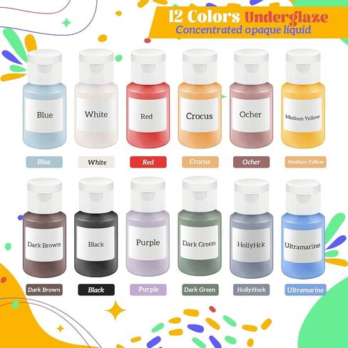 Dunzoom 12 Colors Ceramic Underglaze Set for Pottery, 2 oz Concentrated Underglaze Paint Kit with 6 Brushes & Paint Tray for Clay, Ceramic Painting, Glaze Decoration in Kuwait