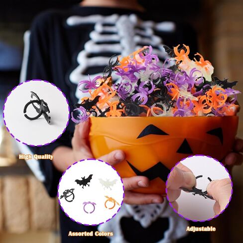 150pcs Halloween Spider Rings Bat Ring,Colorful Plastic Spider & Bat Finger Rings Trick or Treat Toy Gifts for Halloween Costume Accessories Party Decoration in Kuwait