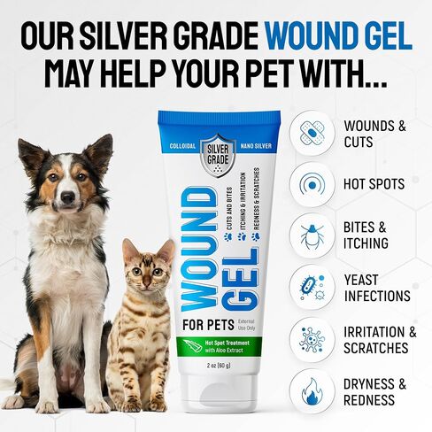 SILVER GRADE Wound Gel Tube for Pets – Dog Wound Care with Silver & Aloe – Cat & Dog Hot Spot, Scratches, Cuts, Bites Care – Help with Abrasions & Sores in Horses – Safe Breeds – 2 Oz in Kuwait