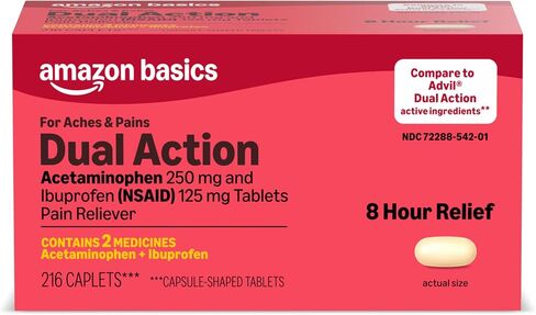 Amazon Basic Care Dual Action Acetaminophen 250 mg and Ibuprofen (NSAID) 125 mg Tablets, Pain Reliever for Headache Relief, Arthritis Pain Relief and More, 216 Count in Kuwait