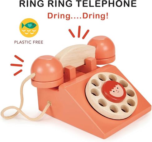 Mentari Toys - Ring Ring Telephone - Solid Wood Retro Chorded Dial Phone for Toddlers - Pretend Play Toy Telephone - Boost Communication Skills and Language Development - Age 2+ in Kuwait