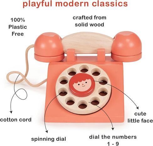 Mentari Toys - Ring Ring Telephone - Solid Wood Retro Chorded Dial Phone for Toddlers - Pretend Play Toy Telephone - Boost Communication Skills and Language Development - Age 2+ in Kuwait