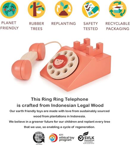 Mentari Toys - Ring Ring Telephone - Solid Wood Retro Chorded Dial Phone for Toddlers - Pretend Play Toy Telephone - Boost Communication Skills and Language Development - Age 2+ in Kuwait