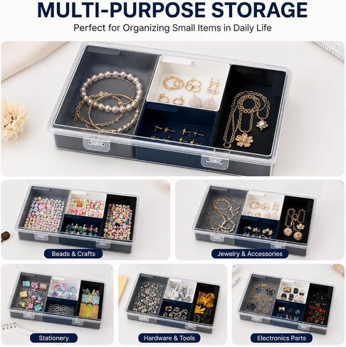 XHM AWESOME 2-Pack Small Plastic Organizer Box with Removable Dividers, Multi-Color Modular Storage Containers for Jewelry, Beads, Crafts, Stationery and Hardware, Compact Travel Case (Navy) in Kuwait
