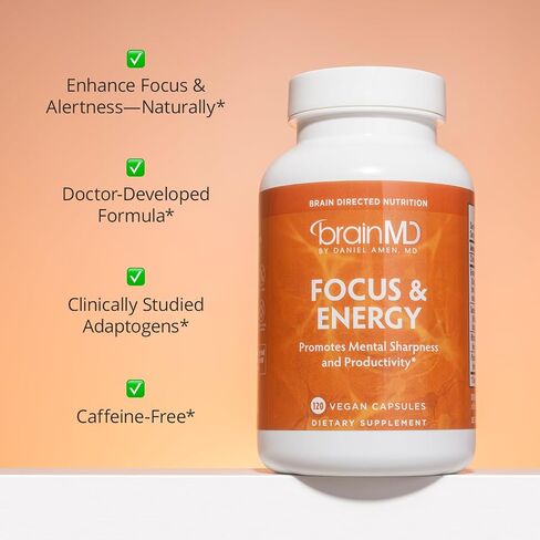Dr Amen BrainMD Focus & Energy - 120 Capsules - Mental Endurance Booster, Promotes Concentration & Attention - Caffeine Free, Gluten Free - 30 Servings in Kuwait