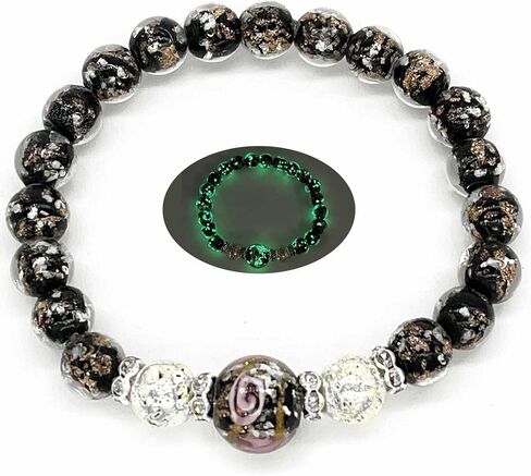 ARTSY Crafts Glow in the Dark Firefly Beads Bracelet for Women, Luminous Glass Beads Healing Crystal Glowing Beaded Bracelets, Mermaid Bracelet, Stretch Stackable Bangle Wristband (Black) in Saudi Arabia
