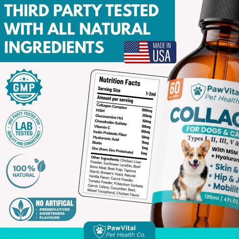 Liquid Collagen for Dogs – 1000mg 5 Types Grass-Fed Collagen Peptides (I, II, III, V & X) with MSM, Glucosamine, Chondroitin, Hyaluronic Acid – Skin & Coat, Itch Relief, Hip & Joint Support – 4oz in Saudi Arabia