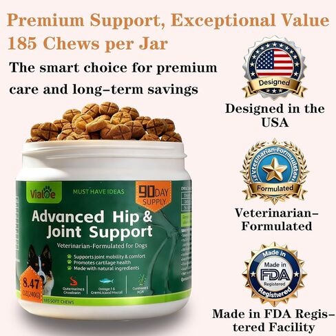 Advanced Dog Hip & Joint Chews for All Breeds, 185 Ct,90day Supply,Concentrated with Glucosamine, Chondroitin, High-Potency MSM & 7X Omega-3. Supports Joint Pain Relief & Senior Dog Mobility in Kuwait