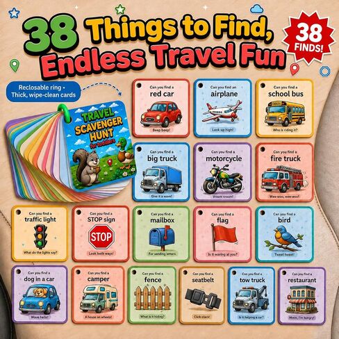 Travel Scavenger Hunt for Toddlers - 38 Finds, Car Games for Kids Ages 2-5, Road Trip Activities Cards on a Ring, Screen-Free Car Activities for Toddlers, Gift for Boys & Girls in Saudi Arabia