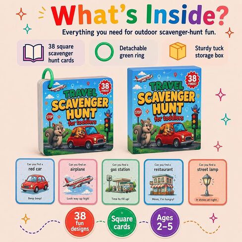 Travel Scavenger Hunt for Toddlers - 38 Finds, Car Games for Kids Ages 2-5, Road Trip Activities Cards on a Ring, Screen-Free Car Activities for Toddlers, Gift for Boys & Girls in Saudi Arabia