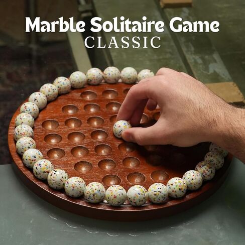 Marble Solitaire Board Game, Marble Strategy Game, 36 Deluxe White Marbles with 11.5x11.5 inch Board, Single Player Brainvita Marble Game, Wooden Solitaire Games for Adults in Kuwait