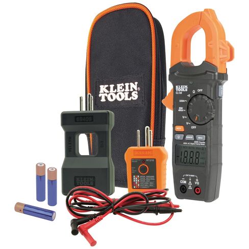 Klein Tools CL120KIT Clamp Meter Electrical Test Kit, AC Auto Ranging 400 Amp, Backlit Display, Includes GFCI Tester-Line Splitter-Pouch-Leads-3 x AAA in Kuwait