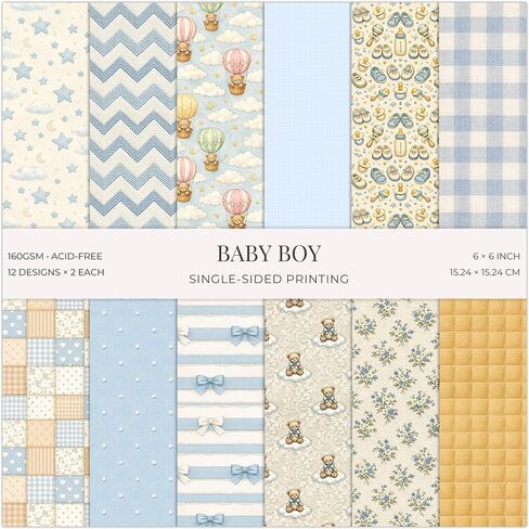 24 Sheets Baby Boy Scrapbook Paper Pad, 6x6 inch Heavyweight 160GSM Single-Sided Cardstock, Smooth Matte Vintage Sweet Nursery Patterned Paper for Card Making Photo Album Collage & DIY Crafts in Kuwait