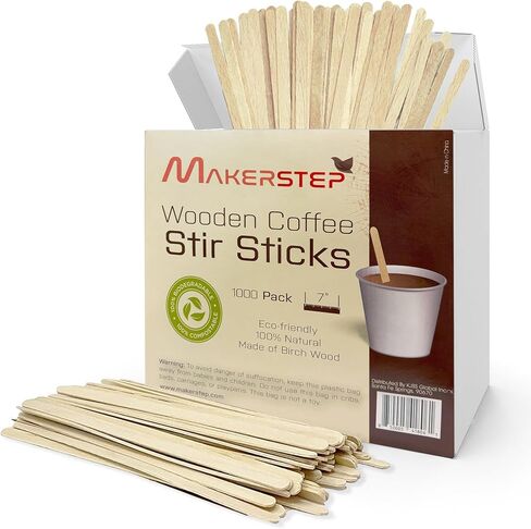 Makerstep 1000 Birch Wood Coffee Stirrers, 7 Inch Coffee Stir Sticks, Eco-friendly, Sturdy Wooden Sticks. Splinter Free, Round End. For Tea, Beverage, and Popsicle. in Saudi Arabia