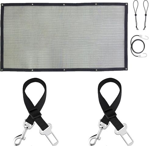 SunGrow  Dog Seat Belts with Barrier, 2 Adjustable 28" Nylon Belts, 24" x 45" Micro Mesh Net Divider for Cars, SUVs, and Trucks, 4 Hooks and Luggage Ropes for Assembly, Black, 1 Set per Pack in Kuwait