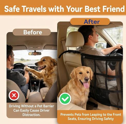 Dog Car Barrier, 9-Grid Reinforced Sturdy Pet Car Divider, Breathable Double-Layer Mesh with Zipper Storage, Easy to Install, Pet Travel Safety Barrier for SUVs, Sedans & Trucks in Kuwait