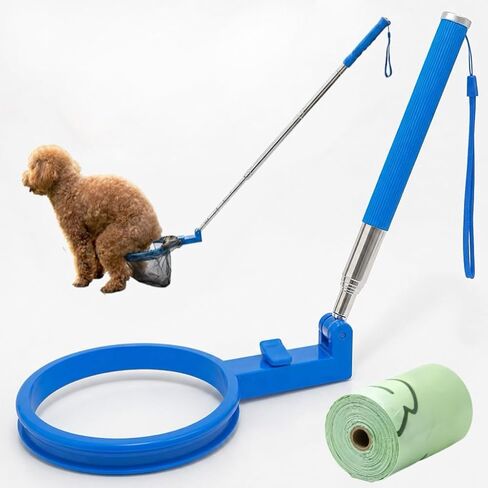 35" Dog Poop Catcher - Long Handle No Bending Poo Pickup, Includes 15 Bags, Collapsible and Portable Dog Waste Catcher for Small Medium Dogs, Yard Grass and Outdoor Use (Blue) in Kuwait