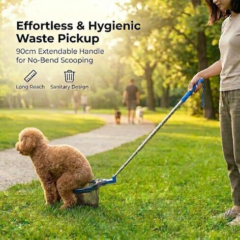 35" Dog Poop Catcher - Long Handle No Bending Poo Pickup, Includes 15 Bags, Collapsible and Portable Dog Waste Catcher for Small Medium Dogs, Yard Grass and Outdoor Use (Blue) in Kuwait