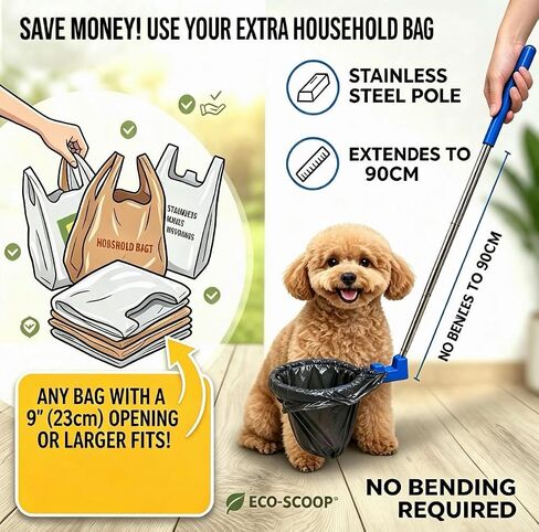 35" Dog Poop Catcher - Long Handle No Bending Poo Pickup, Includes 15 Bags, Collapsible and Portable Dog Waste Catcher for Small Medium Dogs, Yard Grass and Outdoor Use (Blue) in Kuwait