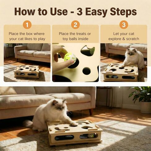 Cat Nail File Scratcher Box, Wooden Cat Scratch Puzzle Enrichment Box with Replaceable Sandpaper Inserts, Interactive Indoor Cat Nail File Toy for Small & Medium Cat in Kuwait