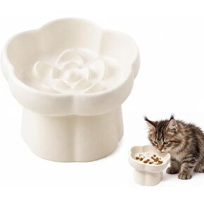 Pet Feeding Bowls, Ceramic Elevated Slow Feeder Dog Bowl, 10° Tilted Raised Cat Food Bowl with Flower Design, Anti-Slip Base for Small to Medium Cats and Dogs in Kuwait