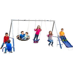 Free N Swing - 7 User / 5 Station Swing Set, Outdoor for Kids with 5' Slide. Easy Assembly Playground Set with Galvanized Metal Frame for Backyards, 168" L x 91" W x 74" H, by XDP Recreation in Saudi Arabia