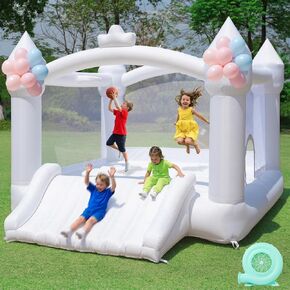 FBSPORT Inflatable White Bounce House for Kids,Large Inflatable Bouncy Castle with Wide Slide, Blower & Basketball Hoop for Indoor/Outdoor Jump House in Kuwait