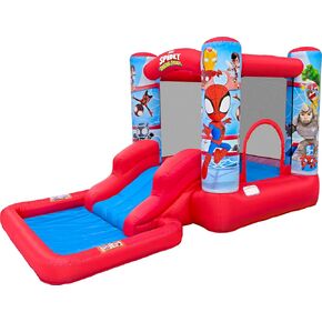 Funormous Spidey & Friends Bounce House Water Slide with Pool & Ball Pit, Inflatable Bouncer for Kids Ages 3–8 with Basketball Hoop, Water Misting System, Blower & Carry Bag in Saudi Arabia