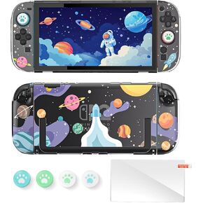 حافظة حماية NANANINO Switch، حافظة شفافة لامعة مع واقي شاشة من الزجاج المقوى وأغطية قبضة الإبهام - الفراولة والخوخ in Kuwait